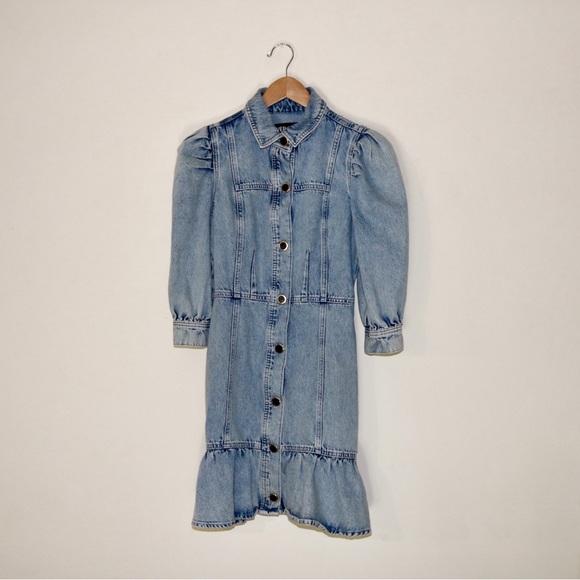 River Island Tinker T Frill Mini Denim Shirt Dress in Light Blue - Picture 4 of 16